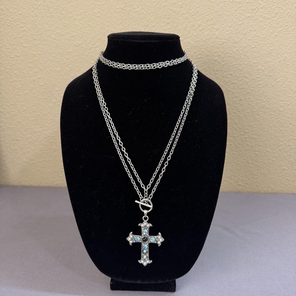 Cookie Lee Silver Tone Rhinestone Cross Necklace 36 In Womens Religious Jewelry